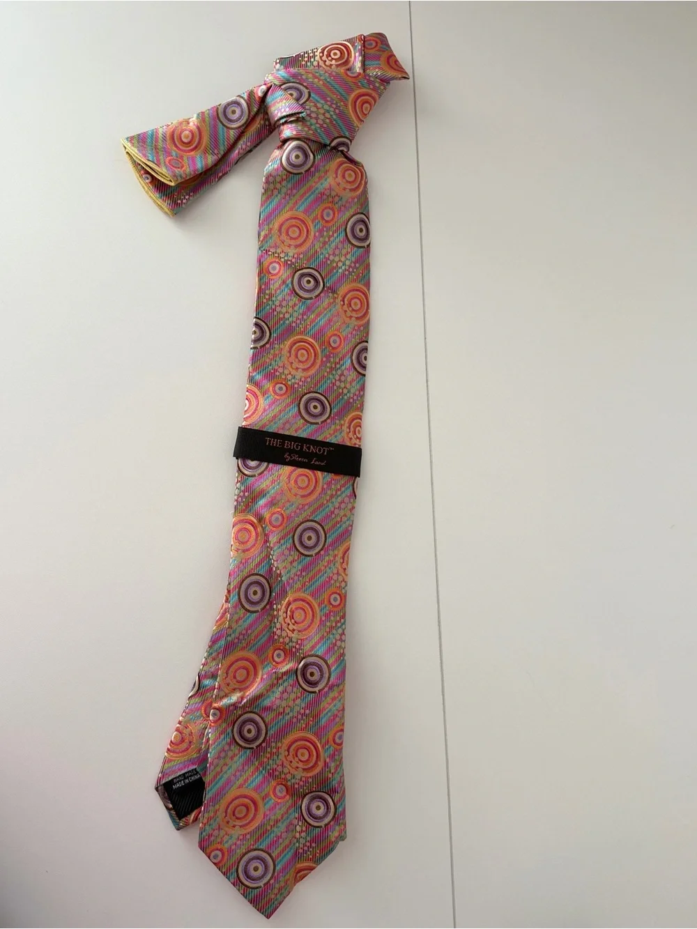 Steven Land The Big Knot Men’s 100% Silk Tie Pink Multicolor Geometric NWT